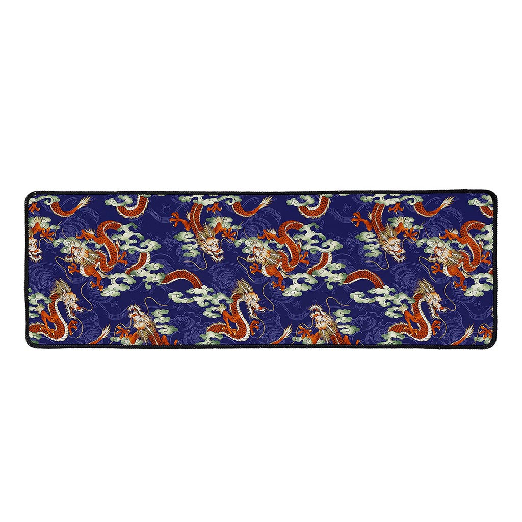 Orange Japanese Dragon Pattern Print Long Kitchen Mat