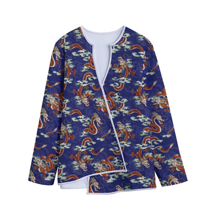 Orange Japanese Dragon Pattern Print Long Sleeve Short Coat