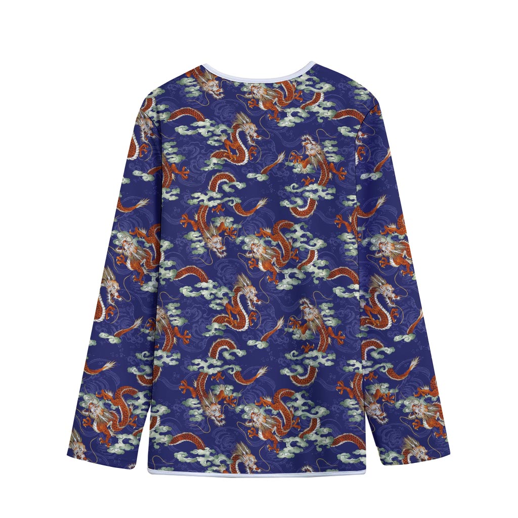 Orange Japanese Dragon Pattern Print Long Sleeve Short Coat