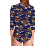 Orange Japanese Dragon Pattern Print Long Sleeve Swimsuit