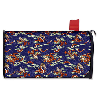 Orange Japanese Dragon Pattern Print Mailbox Cover