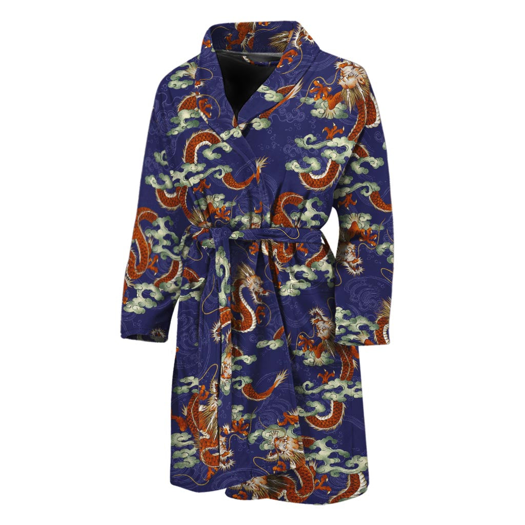 Orange Japanese Dragon Pattern Print Men's Bathrobe