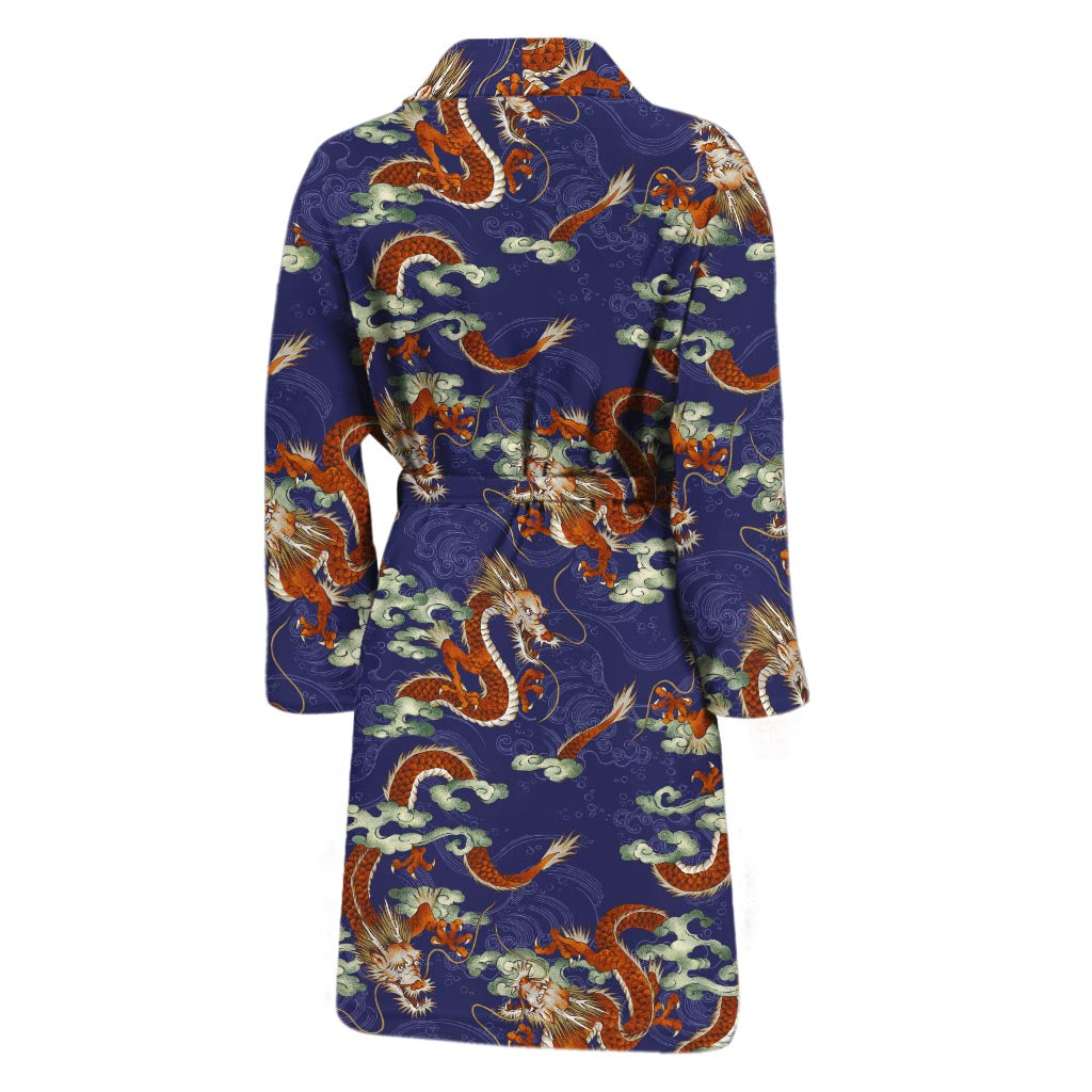 Orange Japanese Dragon Pattern Print Men's Bathrobe