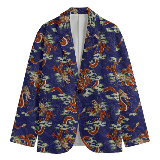 Orange Japanese Dragon Pattern Print Men's Blazer