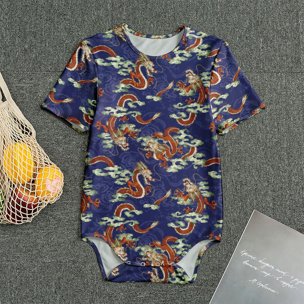 Orange Japanese Dragon Pattern Print Men's Bodysuit