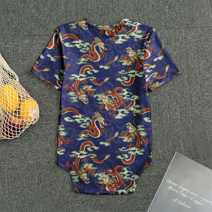 Orange Japanese Dragon Pattern Print Men's Bodysuit