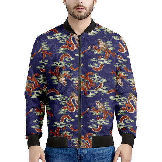 Orange Japanese Dragon Pattern Print Men's Bomber Jacket