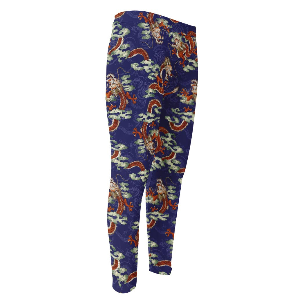 Orange Japanese Dragon Pattern Print Men's Compression Pants