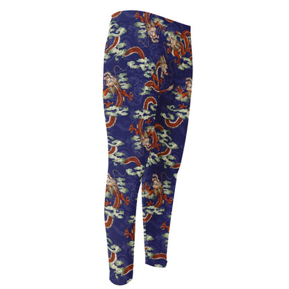 Orange Japanese Dragon Pattern Print Men's Compression Pants