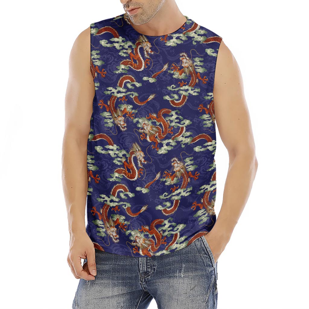Orange Japanese Dragon Pattern Print Men's Fitness Tank Top