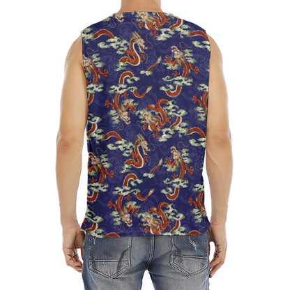 Orange Japanese Dragon Pattern Print Men's Fitness Tank Top