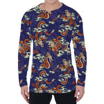 Orange Japanese Dragon Pattern Print Men's Long Sleeve T-Shirt