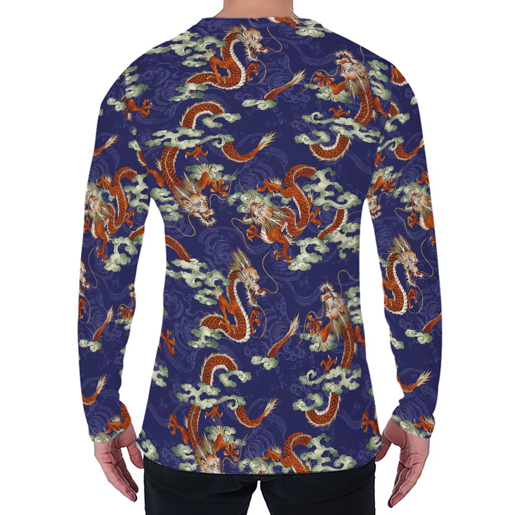 Orange Japanese Dragon Pattern Print Men's Long Sleeve T-Shirt