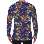 Orange Japanese Dragon Pattern Print Men's Long Sleeve T-Shirt