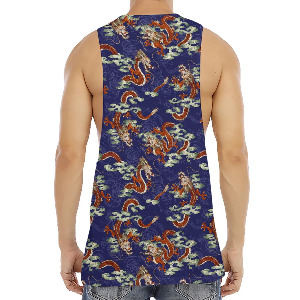 Orange Japanese Dragon Pattern Print Men's Muscle Tank Top