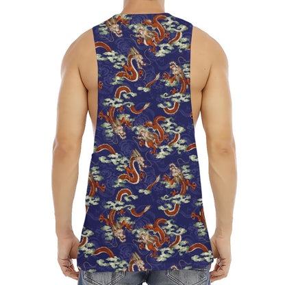 Orange Japanese Dragon Pattern Print Men's Muscle Tank Top