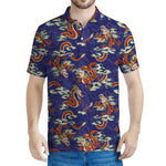 Orange Japanese Dragon Pattern Print Men's Polo Shirt