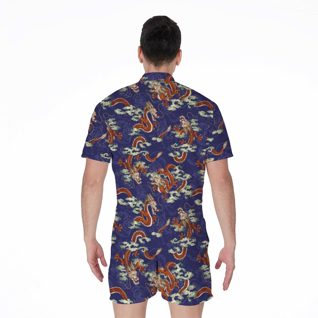 Orange Japanese Dragon Pattern Print Men's Rompers