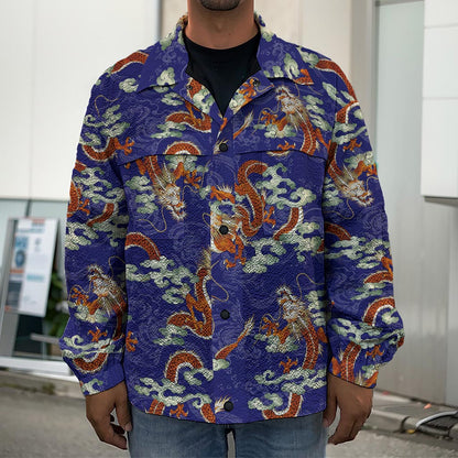 Orange Japanese Dragon Pattern Print Men's Shirt Jacket