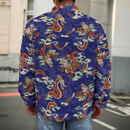 Orange Japanese Dragon Pattern Print Men's Shirt Jacket