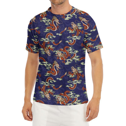 Orange Japanese Dragon Pattern Print Men's Short Sleeve Rash Guard