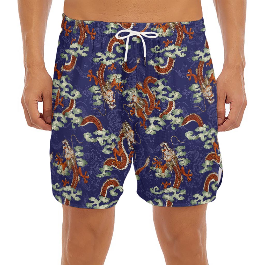 Orange Japanese Dragon Pattern Print Men's Split Running Shorts