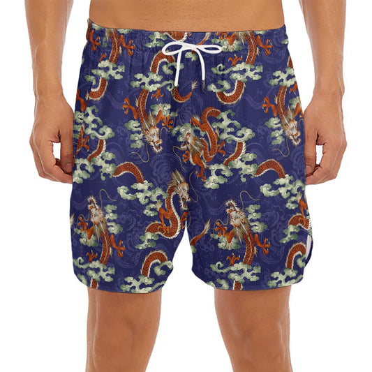 Orange Japanese Dragon Pattern Print Men's Split Running Shorts