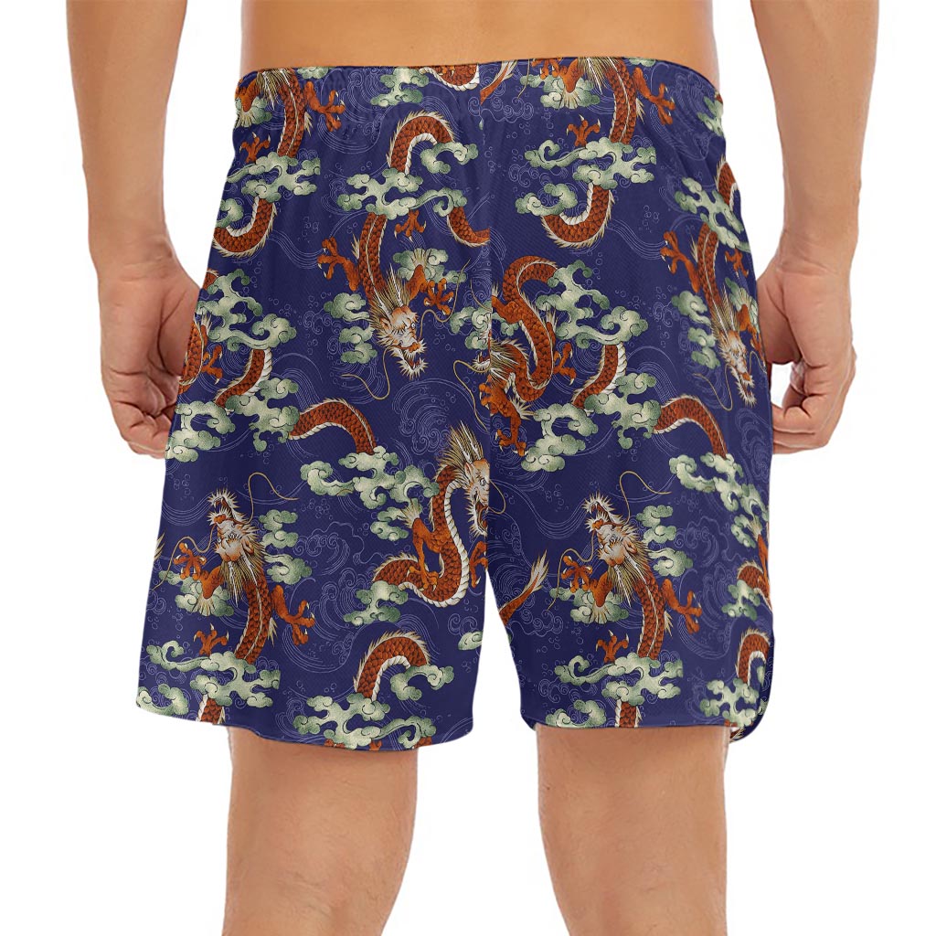 Orange Japanese Dragon Pattern Print Men's Split Running Shorts