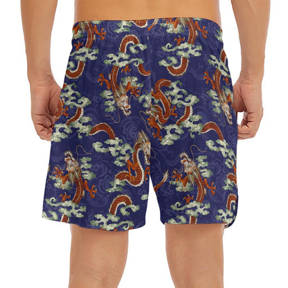 Orange Japanese Dragon Pattern Print Men's Split Running Shorts