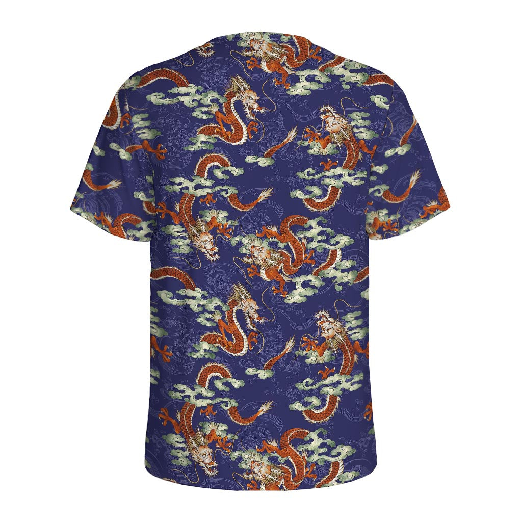 Orange Japanese Dragon Pattern Print Men's Sports T-Shirt