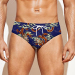 Orange Japanese Dragon Pattern Print Men's Swim Briefs