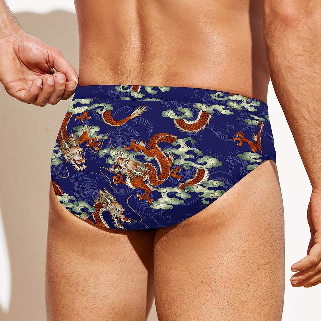 Orange Japanese Dragon Pattern Print Men's Swim Briefs