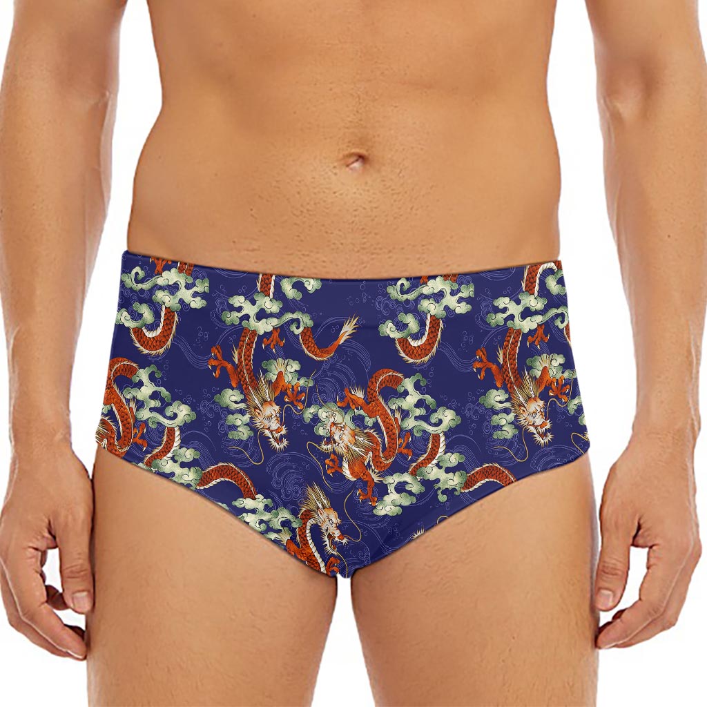 Orange Japanese Dragon Pattern Print Men's Triangle Swim Briefs