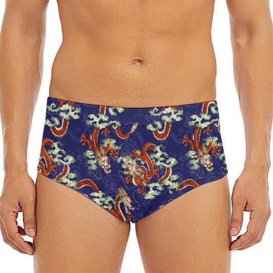 Orange Japanese Dragon Pattern Print Men's Triangle Swim Briefs