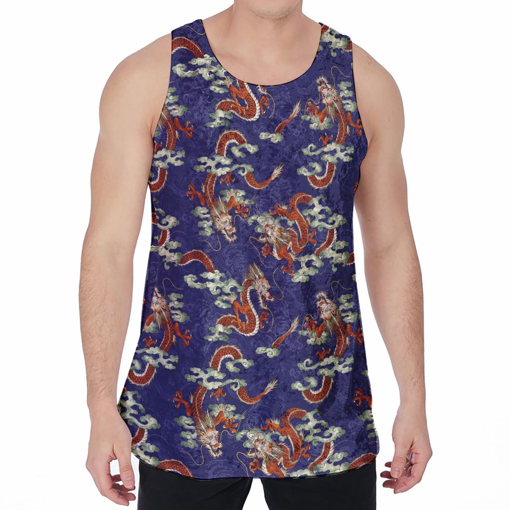 Orange Japanese Dragon Pattern Print Men's Velvet Tank Top