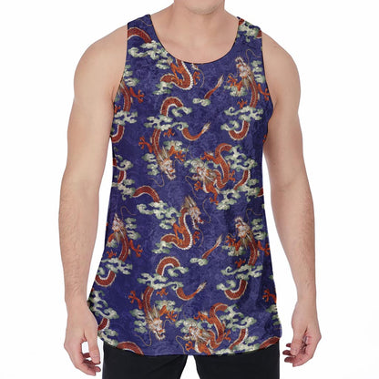 Orange Japanese Dragon Pattern Print Men's Velvet Tank Top