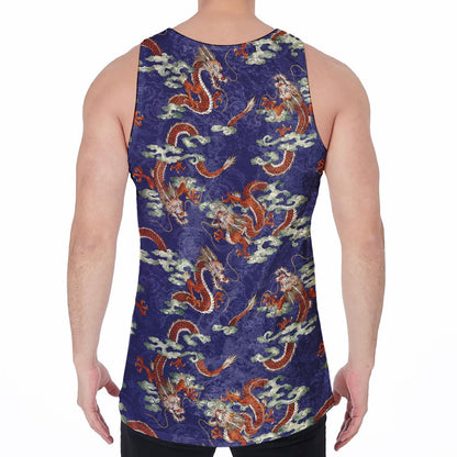 Orange Japanese Dragon Pattern Print Men's Velvet Tank Top