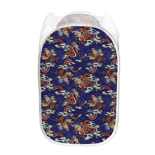 Orange Japanese Dragon Pattern Print Mesh Laundry Hamper