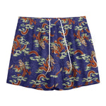 Orange Japanese Dragon Pattern Print Mesh Shorts