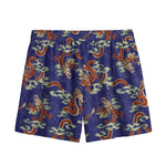 Orange Japanese Dragon Pattern Print Mesh Shorts