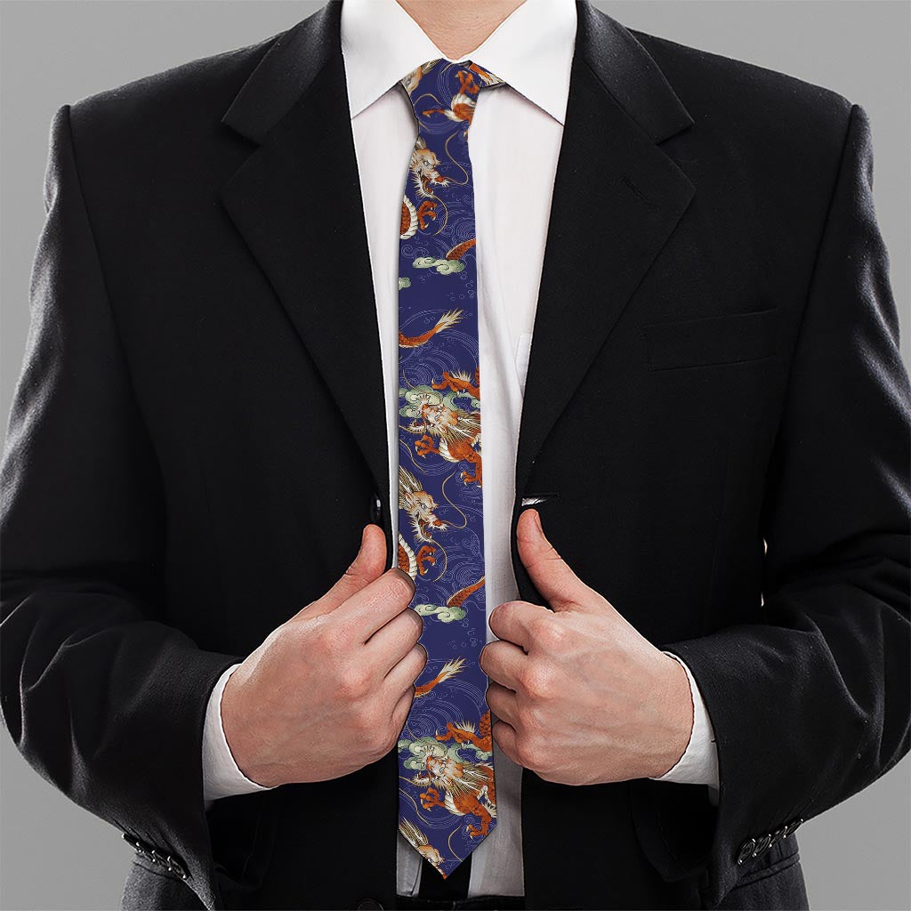 Orange Japanese Dragon Pattern Print Necktie
