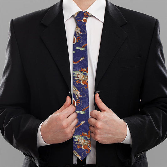 Orange Japanese Dragon Pattern Print Necktie