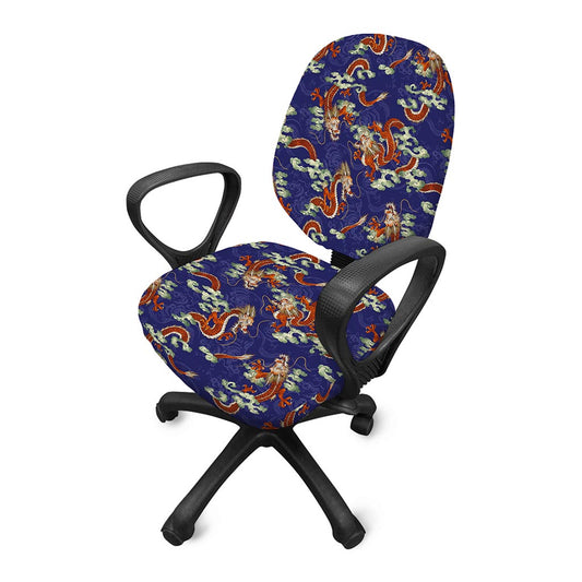 Orange Japanese Dragon Pattern Print Office Chair Cover