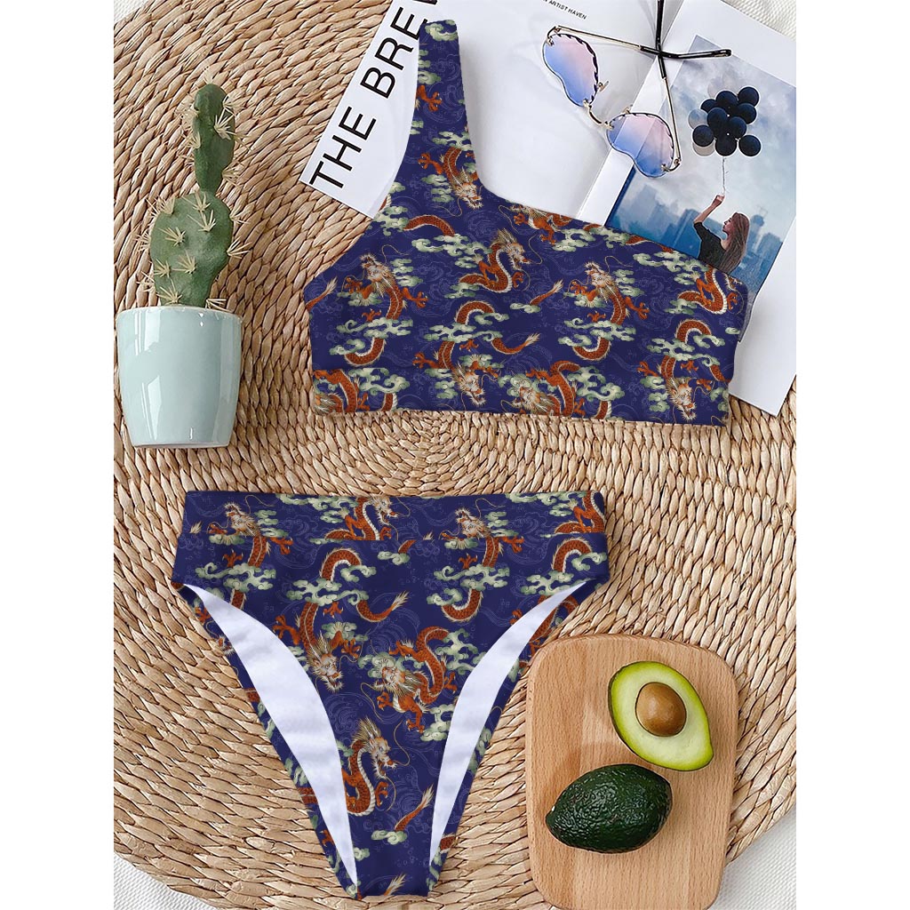 Orange Japanese Dragon Pattern Print One Shoulder Bikini Top