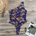 Orange Japanese Dragon Pattern Print One Shoulder Bodysuit