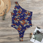 Orange Japanese Dragon Pattern Print One Shoulder Bodysuit