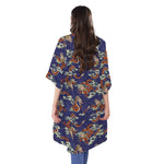 Orange Japanese Dragon Pattern Print Open Front Beach Cover Up