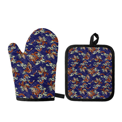 Orange Japanese Dragon Pattern Print Oven Mitt And Pot Holder Set