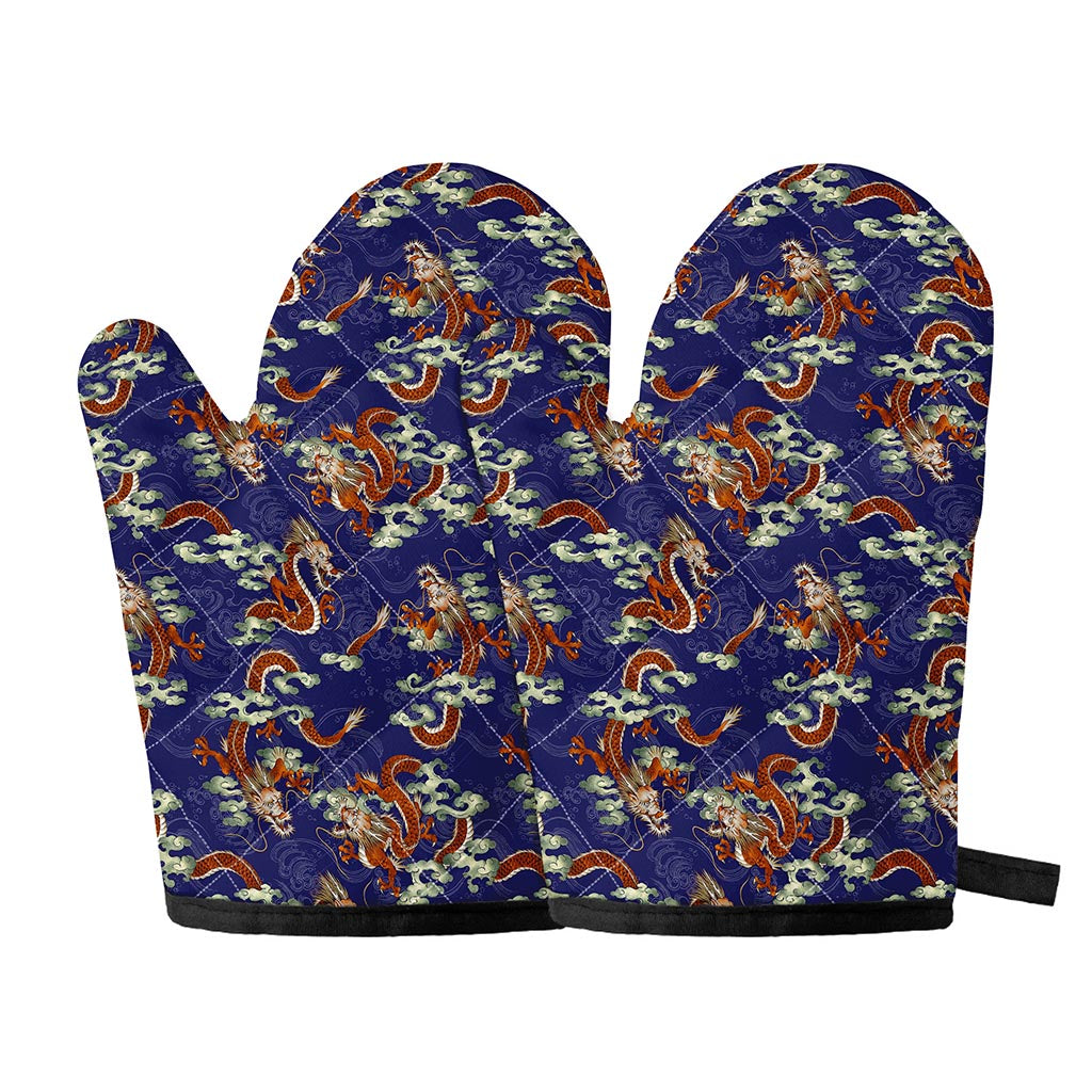 Orange Japanese Dragon Pattern Print Oven Mitts