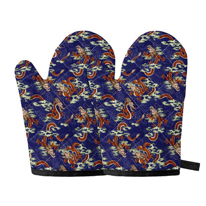 Orange Japanese Dragon Pattern Print Oven Mitts